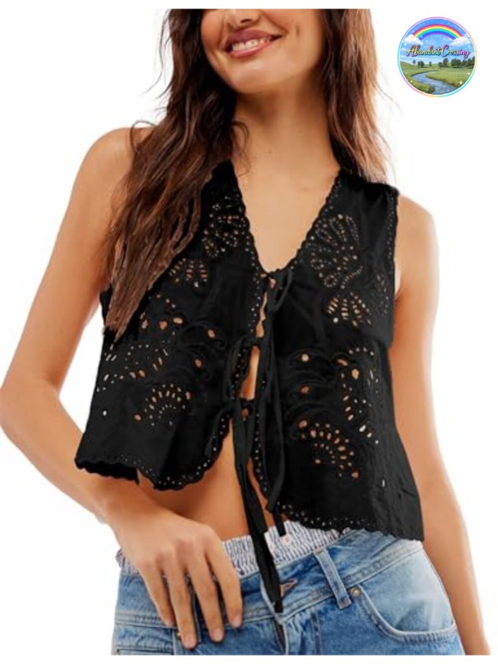 Womens Floral Embroidered Eyelet Tie Front Vest Top Crochet Lace Sleeveless